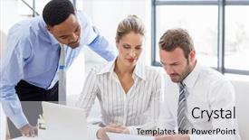  Presentation with business office desk - PPT theme featuring business colleagues reviewing a report background and a light gray colored foreground