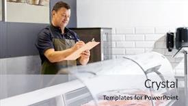  Presentation with fish people - Amazing slide deck having seller with clipboard selling seafood backdrop and a sky blue colored foreground