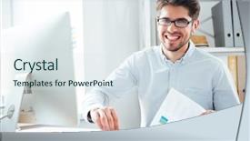  Presentation with working - Theme enhanced with sales scheme - smiling handsome young businessman working background and a  colored foreground