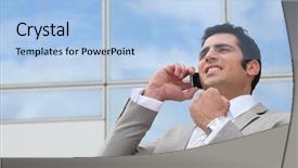  Presentation with telephone mobile - PPT theme enhanced with sales success - business man stood outdoors using background and a  colored foreground