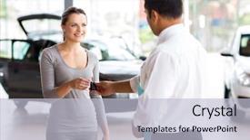  Presentation with car key - Beautiful slide set featuring sales talking - young woman receiving her new backdrop and a light blue colored foreground