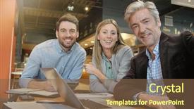  Presentation with team meeting - Amazing PPT layouts having sales team smiling at camera backdrop and a tawny brown colored foreground