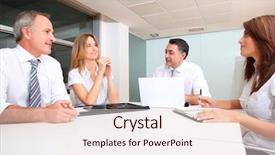  Presentation with meeting table - Cool new slides with sales training - business people meeting around table backdrop and a lemonade colored foreground