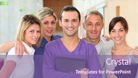  Presentation with office workers - Slide deck consisting of sales training - closeup of smiling group background and a violet colored foreground