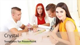  Presentation with group training - Cool new presentation theme with sales training - group of people having meeting backdrop and a lemonade colored foreground