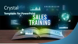  Presentation with business book - Amazing presentation design having sales-training-inscription-coming-out backdrop and a ocean colored foreground