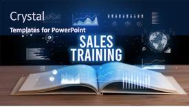  Presentation with business training - PPT theme having sales-training-inscription-coming-out background and a navy blue colored foreground