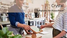  Presentation with contactless - Colorful PPT layouts enhanced with sales up down - female customer making contactless card backdrop and a soft green colored foreground