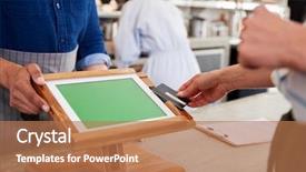  Presentation with contactless - Theme with sales up down - woman making contactless card payment background and a coral colored foreground