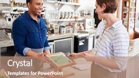  Presentation with contactless - Presentation theme having sales up down - woman making contactless card payment background and a coral colored foreground