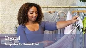  Presentation with clothing wooden clothes hanger object - Presentation theme consisting of sales up down - woman working in clothes shop background and a ocean colored foreground