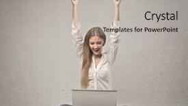  Presentation with laptop - Cool new presentation theme with sales winner - blonde girl rejoices while is backdrop and a light gray colored foreground