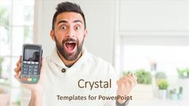  Presentation with terminal - Amazing presentation design having sales winner - handsome hispanic man holding point backdrop and a sky blue colored foreground