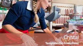  Presentation with butcher shop - PPT theme enhanced with sales woman in butcher shop background and a coral colored foreground