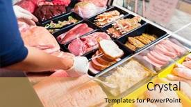  Presentation with butcher shop - Presentation design enhanced with futcher - sales woman in butcher shop background and a yellow colored foreground
