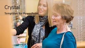  Presentation with customer verification - Audience pleasing slide set consisting of salesgirl assisting senior female customer backdrop and a  colored foreground