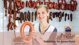 Presentation with butchery - Beautiful presentation featuring saleslady-holding-and-showing backdrop and a coral colored foreground