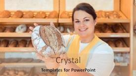  Presentation with potential - PPT theme having saleslady in bakery shop presenting background and a coral colored foreground