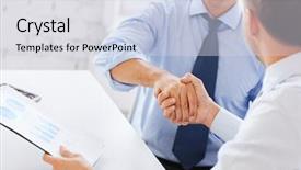  Presentation with shaking hands - Slides enhanced with salesman - businesss and office concept background and a sky blue colored foreground