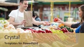  Presentation with grocery store - Colorful PPT theme enhanced with salesman - woman choosing fresh vegetables backdrop and a yellow colored foreground