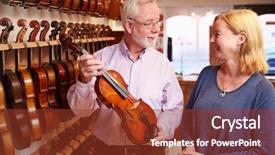 Presentation with salesman - Cool new slides with salesman advising customer buying violin backdrop and a tawny brown colored foreground