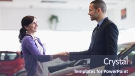  Presentation with shaking hands - Slide deck with salesman and a woman shaking background and a  colored foreground