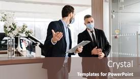  Presentation with dealership - Colorful presentation design enhanced with salesman-and-customer backdrop and a tawny brown colored foreground