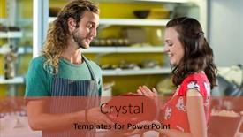  Presentation with salesman - Audience pleasing presentation design consisting of salesman assisting costumer in buying gouda cheese at counter in grocery shop backdrop and a red colored foreground