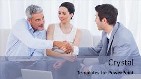  Presentation with salesman - Audience pleasing slide deck consisting of salesman closing a deal with a smiling couple sitting on sofa backdrop and a light blue colored foreground