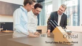  Presentation with salesman - PPT theme consisting of salesman explaining details of new kitchen to couple of woman and man background and a coral colored foreground