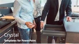  Presentation with salesman - PPT layouts with salesman-explaining-details-of-new background and a tawny brown colored foreground