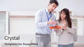  Presentation with salesman - PPT theme consisting of salesman explaining to woman customer background and a light gray colored foreground