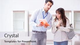  Presentation with customer nonconformance - Slides consisting of salesman explaining to woman customer background and a light blue colored foreground