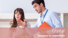  Presentation with salesman - PPT theme enhanced with salesman-explaining-to-woman-customer background and a coral colored foreground