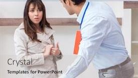  Presentation with salesman - PPT theme with salesman-explaining-to-woman-customer background and a soft green colored foreground