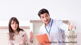  Presentation with salesman - Amazing presentation having salesman-explaining-to-woman-customer backdrop and a coral colored foreground