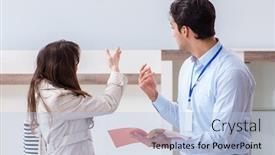  Presentation with salesman - Colorful PPT theme enhanced with salesman-explaining-to-woman-customer backdrop and a light blue colored foreground