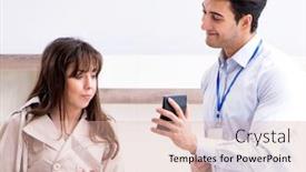  Presentation with man and woman - PPT layouts enhanced with salesman-explaining-to-woman-customer background and a lemonade colored foreground