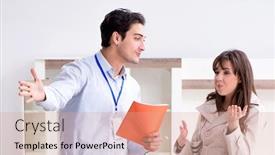  Presentation with salesman - PPT theme consisting of salesman-explaining-to-woman-customer background and a coral colored foreground