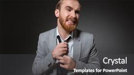  Presentation with crime thriller suit and tie - Cool new PPT theme with salesman frustriert - annoyed bearded businessman in grey backdrop and a dark gray colored foreground