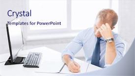  Presentation with education - PPT theme featuring salesman frustriert - business office education and school background and a sky blue colored foreground