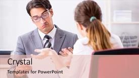  Presentation with office - Audience pleasing PPT theme consisting of salesman frustriert - man and woman discussing backdrop and a  colored foreground