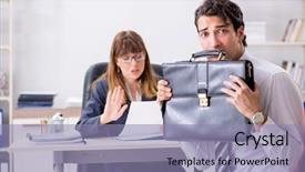  Presentation with man vs woman - Presentation design consisting of salesman frustriert - man and woman discussing background and a light blue colored foreground