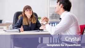  Presentation with office - Beautiful PPT theme featuring salesman frustriert - man and woman discussing backdrop and a  colored foreground