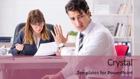  Presentation with salesman - Theme with salesman frustriert - man and woman discussing background and a  colored foreground