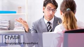  Presentation with man and woman - Slide deck consisting of salesman frustriert - man and woman discussing background and a  colored foreground