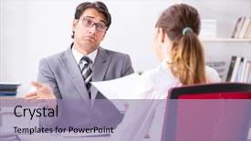  Presentation with man vs woman - PPT layouts featuring salesman frustriert - man and woman discussing background and a light blue colored foreground