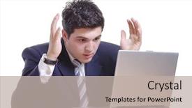  Presentation with laptop - PPT theme consisting of salesman frustriert - shocked businessman working background and a  colored foreground