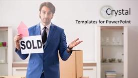  Presentation with realtor - Presentation theme consisting of salesman frustriert - young handsome realtor selling flat background and a  colored foreground