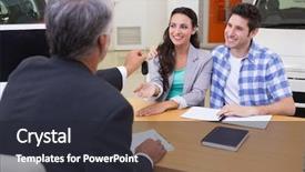  Presentation with salesman - Slide deck with salesman giving car keys to a couple at new car showroom background and a dark gray colored foreground